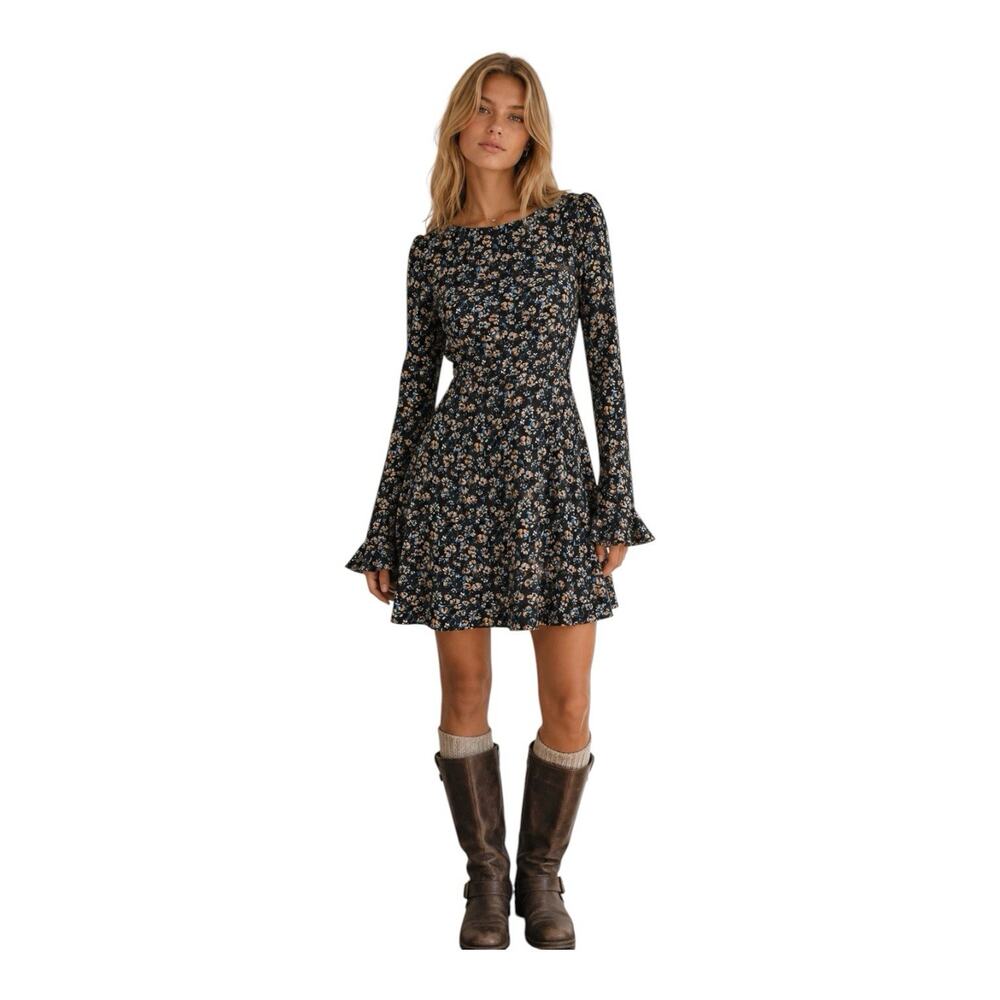 Free People Womens Floral Fit & Flare Mini Dress Long Sleeve Boho Romantic Sz XS